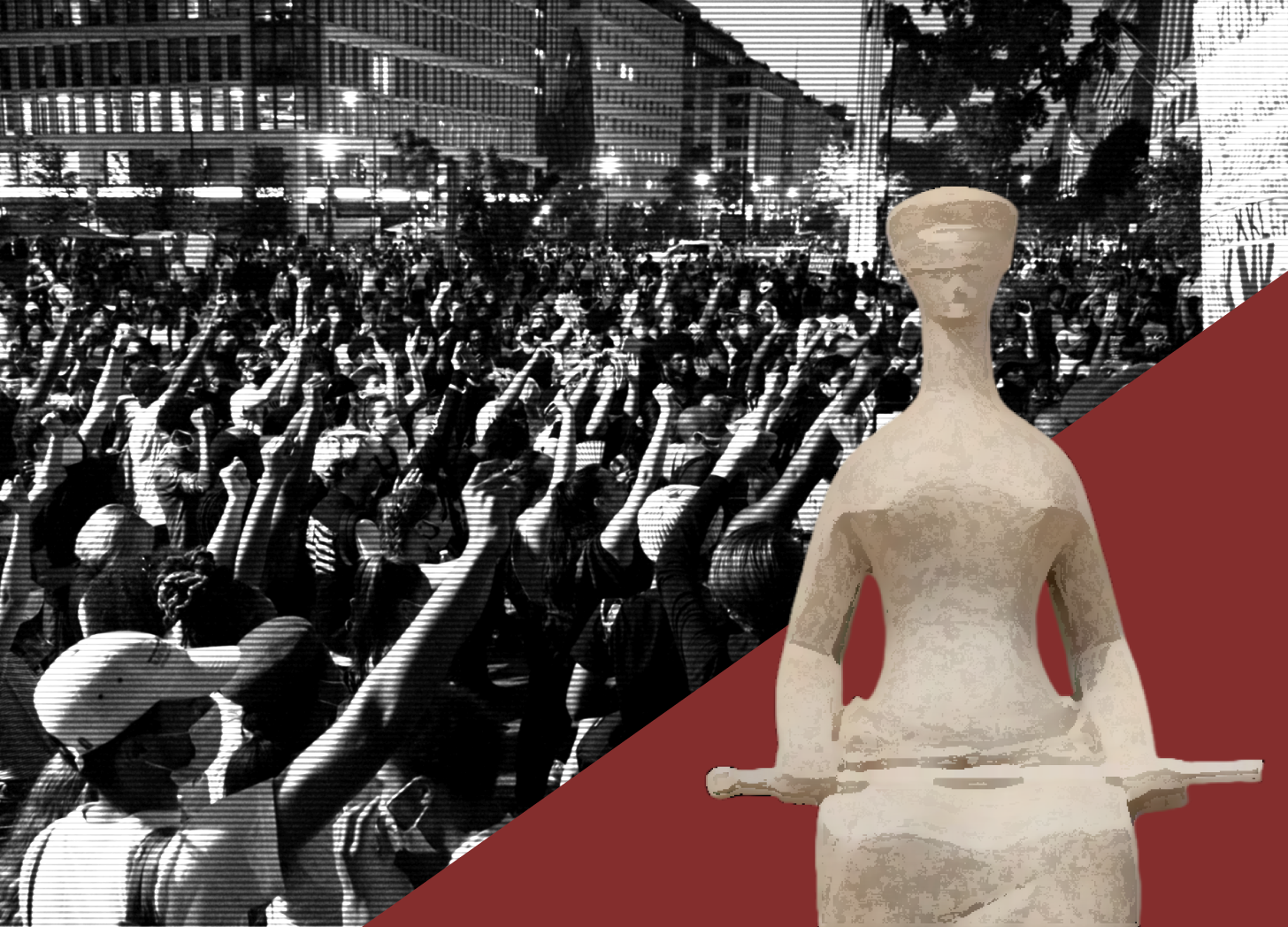 Montagem mostra, ao fundo, manifestação e, à frente, foto da estátua do STF